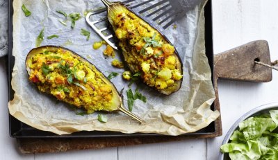 Aubergine farcie au couscous, carotte, poire et potiron