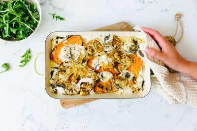 Lasagne met zoete aardappel, bloemkool en geitenkaas Lasagne met zoete aardappel, bloemkool en geitenkaas
