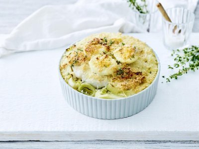 Gratin d’aiglefin, œufs durs et purée de poireaux