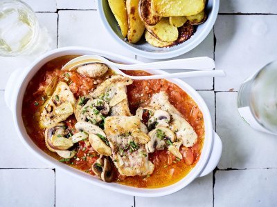 Grondin poêlé aux champignons, sauce tomate