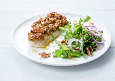 Eglefin en croûte de pistache et sa salade Eglefin en croûte de pistache et sa salade