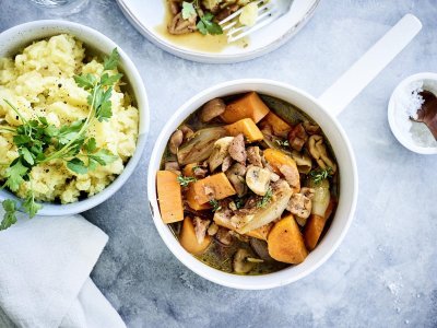 Mijoté de patate douce et de champignons à la purée de panais Mijoté de patate douce et de champignons à la purée de panais