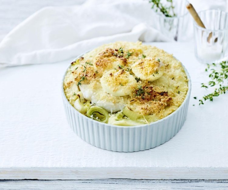 Gratin d’aiglefin, œufs durs et purée de poireaux Gratin d’aiglefin, œufs durs et purée de poireaux