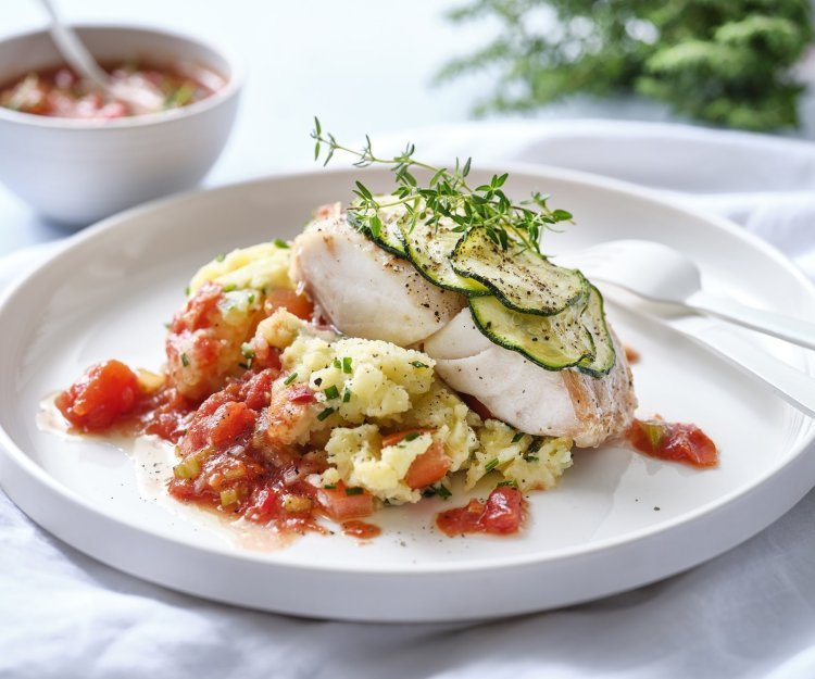 Roodbaars met schijfjes courgette erop, wachtend op een bedje van smeuïge puree en homemade tomtatensaus om eenvoudig te genieten. Achterin staat nog wat extra saus en verse kruiden. 