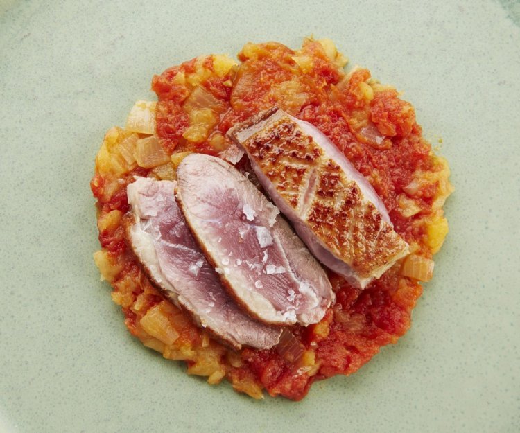 Canard et chutney de tomates et pommes