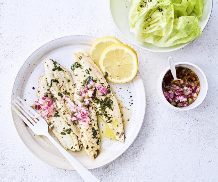 Gebakken wijting met chermoula en kropsla Gebakken wijting met chermoula en kropsla
