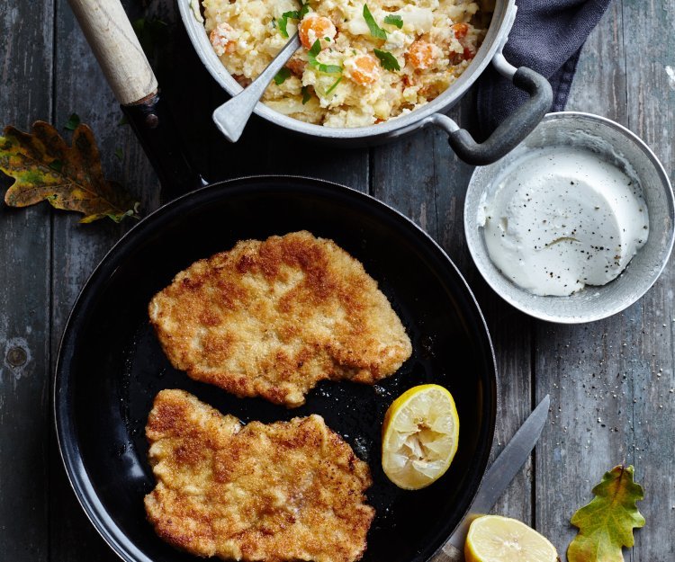 Escalope de veau à la moutarde, stoemp carottes-salsifis Escalope de veau à la moutarde, stoemp carottes-salsifis