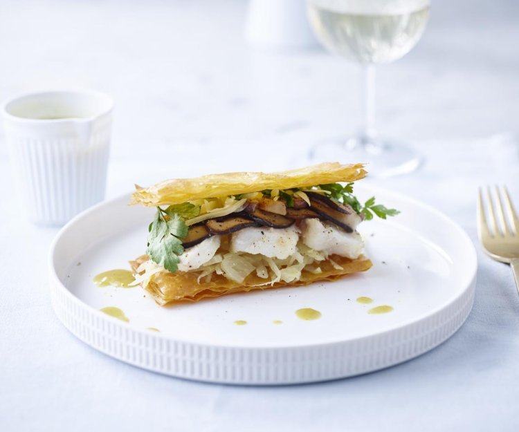 Millefeuille de lotte, chou blanc et shiitake Millefeuille de lotte, chou blanc et shiitake