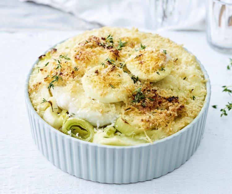 Gratin d’aiglefin, œufs durs et purée de poireaux