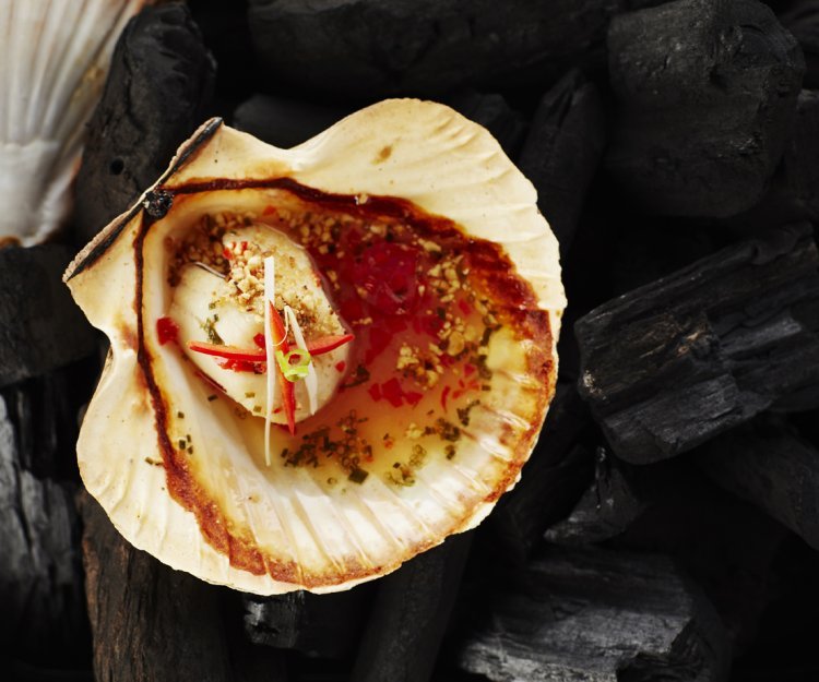 Coquilles Saint-Jacques sur le bbq, sauce chili et cacahuètes