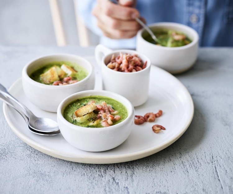 Soupe de salade et crevettes grises Soupe de salade et crevettes grises