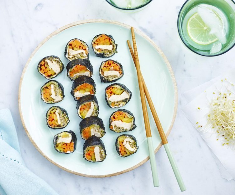 Sushis au poulet et aux légumes tricolores Sushis au poulet et aux légumes tricolores