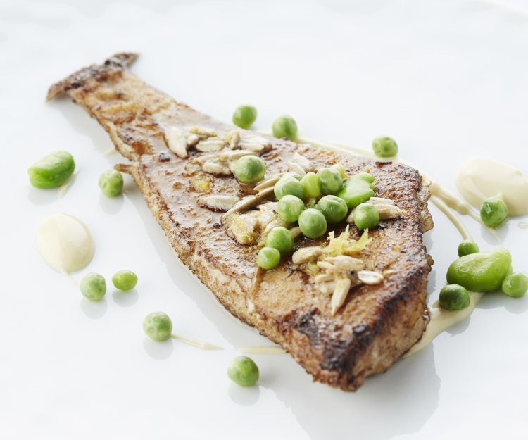 Tongschar à la meunière met mosterdcrème, zonnebloempitten, erwten en tuinbonen Tongschar à la meunière met mosterdcrème, zonnebloempitten, erwten en tuinbonen