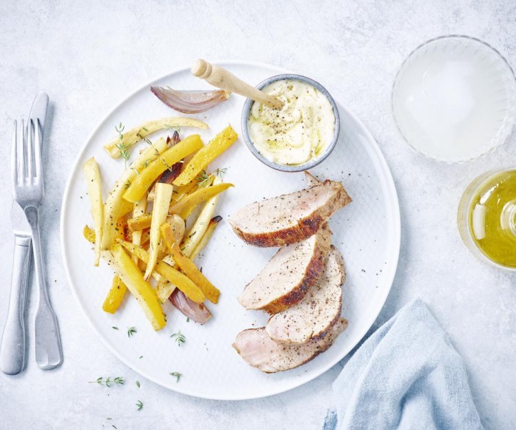 Filet mignon, légumes rôtis et mayonnaise à la truffe