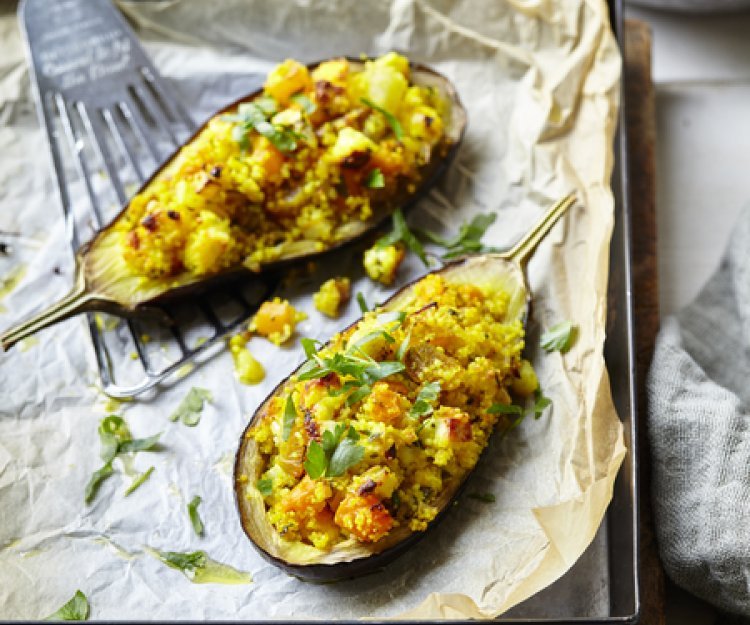 Aubergine farcie au couscous, carotte, poire et potiron