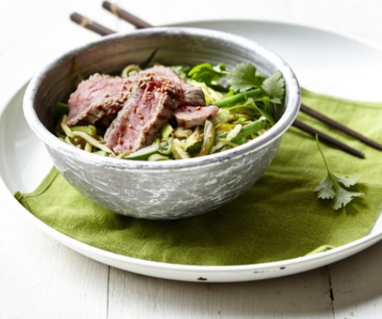 Courgetti au wok avec poireaux, haricots et lamelles de bœuf