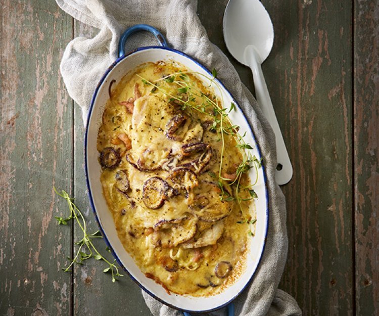 Ovenschotel van steenbolk met prei en garnaaltjes Ovenschotel van steenbolk met prei en garnaaltjes