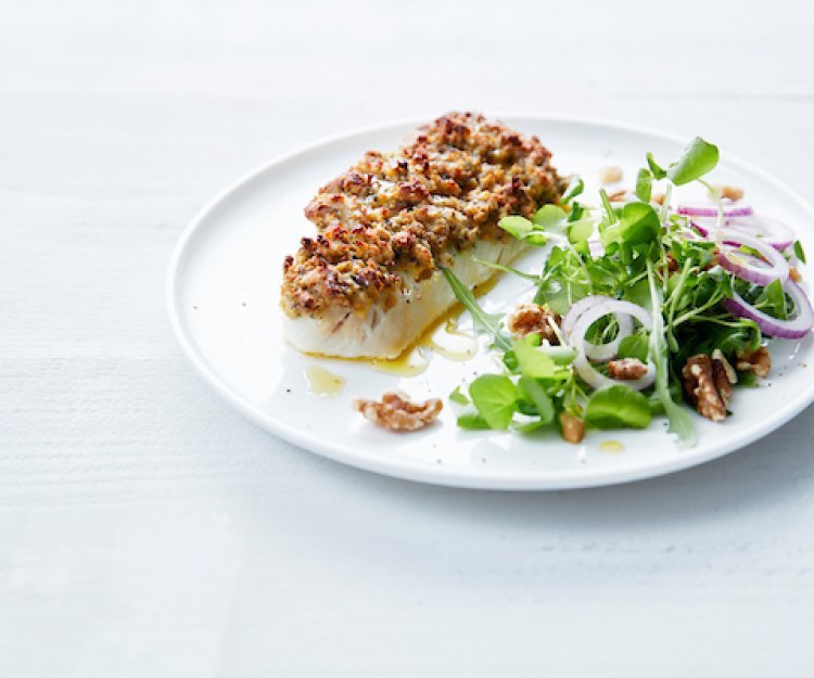 Schelvis met pistachekorstje en slaatje