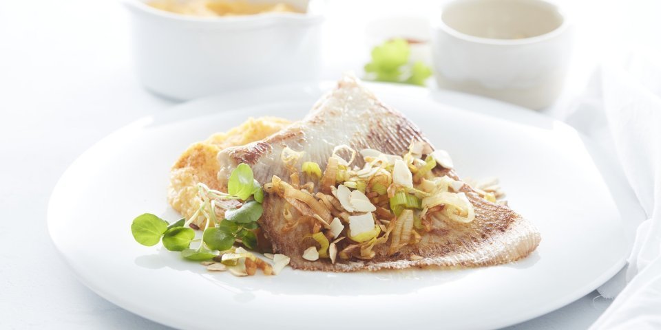 Gebakken roggevleugel met pompoenpuree en krokante prei Een gebakken roggevleugel ligt op een roomwit bord. Hij ligt een stukje op pompoenpuree en is afgewerkt met stukjes prei en geroosterde amandelschilfers.
