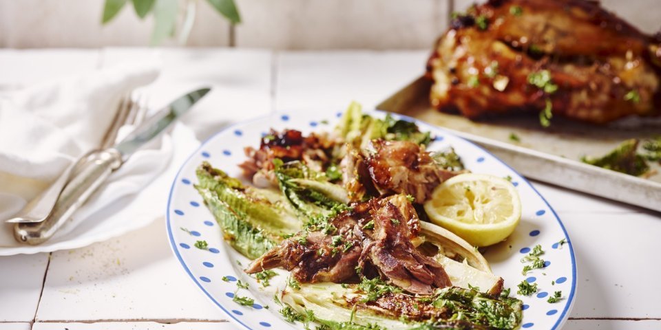 Gelakt hammetje met gegrilde Romeinse salade en gremolata Hammetje ligt op een ovenplaat achteraan in beeld. Op de voorgrond staat een ovaal wit bord met blauwe bloemetjes op de rand. Dit bordje in gevuld met enkele plukken vlees van de gelakte schenkels en gegrilde romeinse sla.