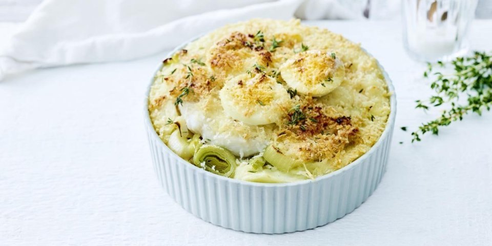Gratin d’aiglefin, œufs durs et purée de poireaux Gratin d’aiglefin, œufs durs et purée de poireaux