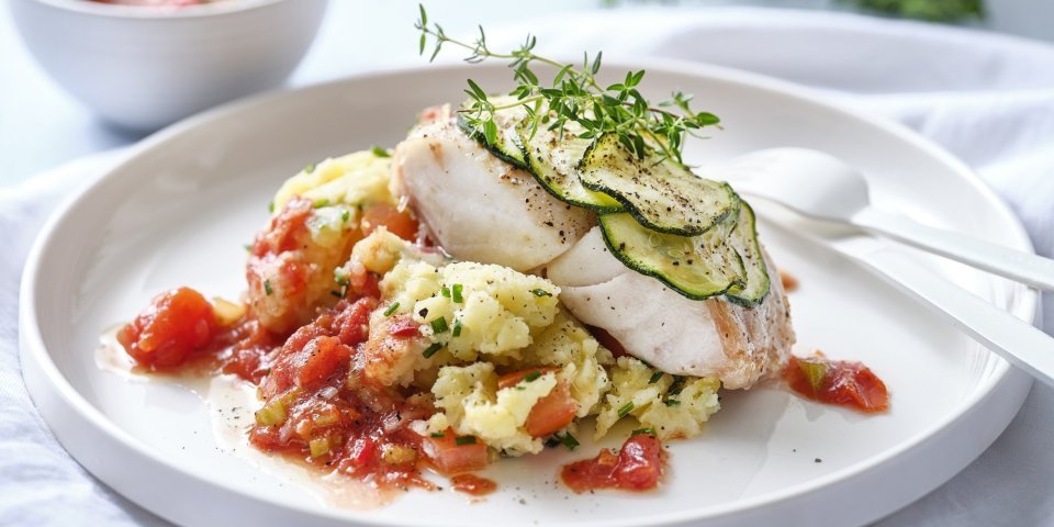 Roodbaars met courgette, puree en tomatensaus Roodbaars met schijfjes courgette erop, wachtend op een bedje van smeuïge puree en homemade tomtatensaus om eenvoudig te genieten. Achterin staat nog wat extra saus en verse kruiden.