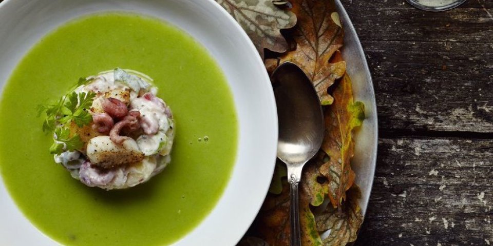 Soupe aux pois à la rémoulade de limande sole et crevette