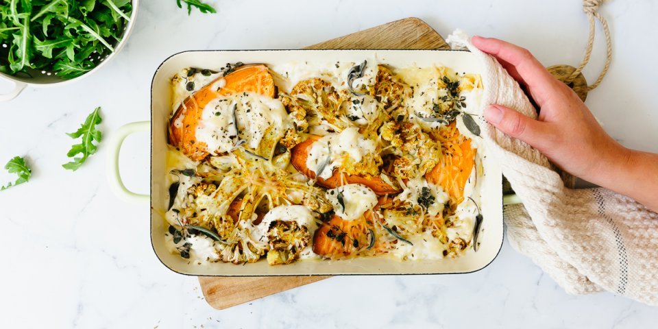 Lasagne de patates douces, chou-fleur et chèvre Lasagne de patates douces, chou-fleur et chèvre