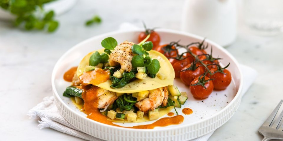 Open ravioli met langoustines en romig tomatensausje 