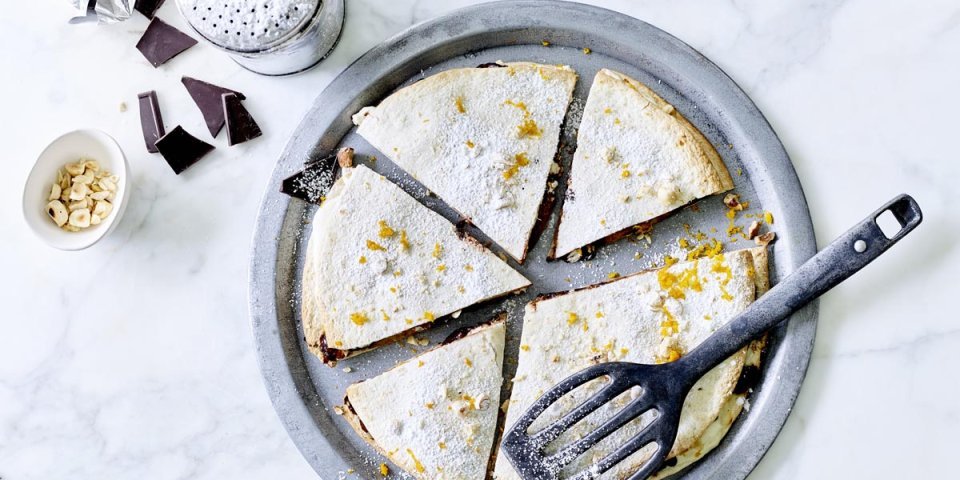 Quesadilla de chocolat, poires et fromage frais