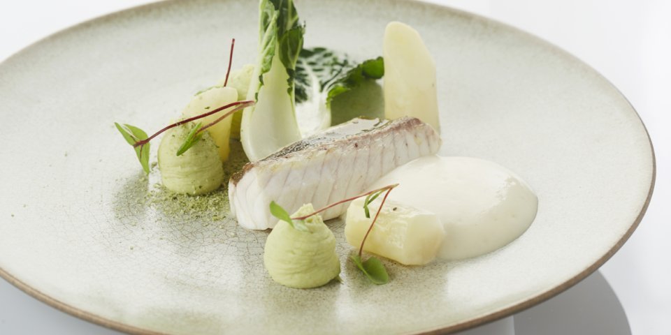 Grondin perlon, bok choy et salsifis avec crème et espuma de céleri-rave