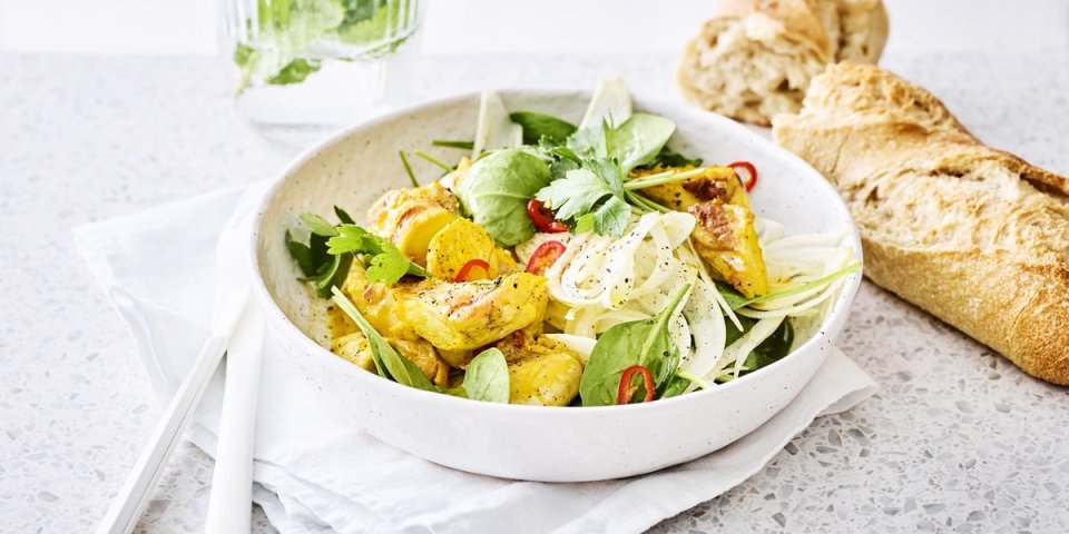 Salade d’épinards, fenouil et lapin au safran