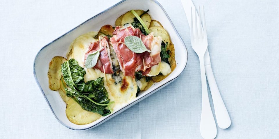 Saltimbocca de poulet, pommes de terre et épinards