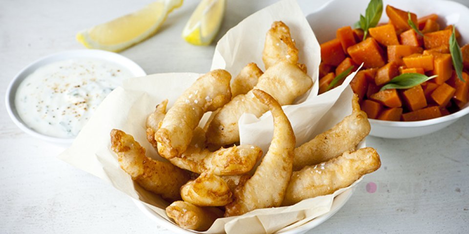 Tempura d’aiglefin aux patates douces et yaourt