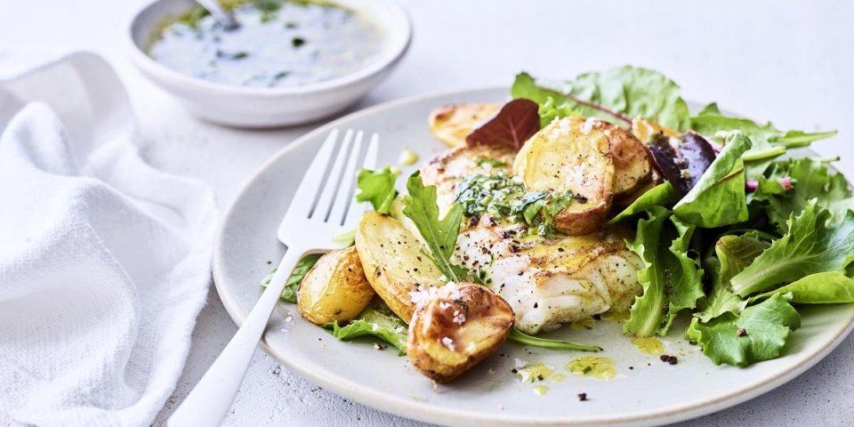 Aiglefin au barbecue et vinaigrette aux fines herbes