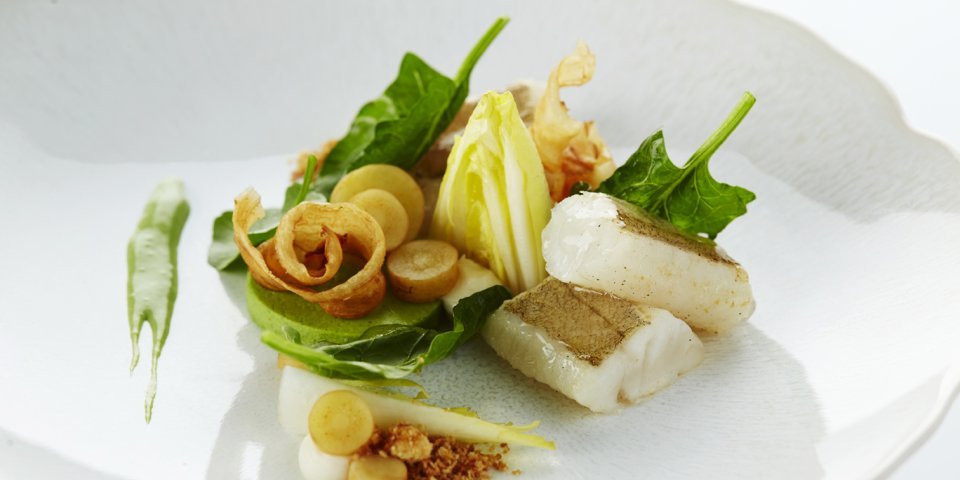 Tacaud aux noix croquantes, panais, cresson et herbes fraîches Tacaud aux noix croquantes, panais, cresson et herbes fraîches