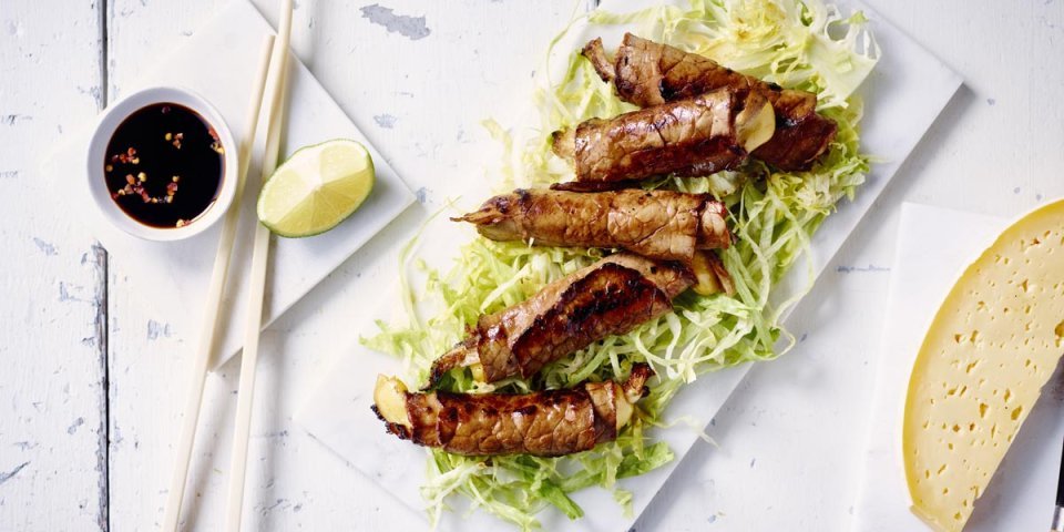 Yakitori van rundvlees met Passendale en oesterzwam