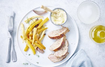 Filet mignon, légumes rôtis et mayonnaise à la truffe