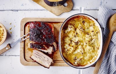 Gratin de chou-fleur aux fromages de chez nous et poitrine de porc laquée