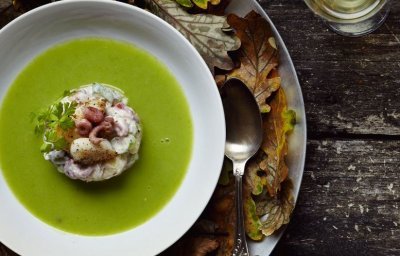 Soupe aux pois à la rémoulade de limande sole et crevette