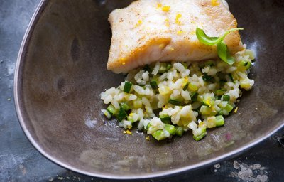 Gegrilde griet, risotto met courgette en citroen