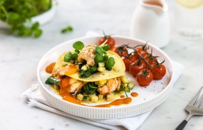 Open ravioli met langoustines en romig tomatensausje 