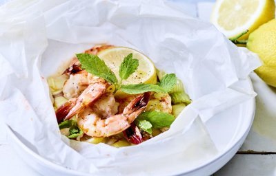 Papillote de langoustines et poireaux