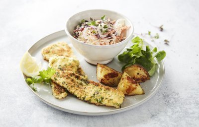 Pladijs in kruidenkorst met coleslaw