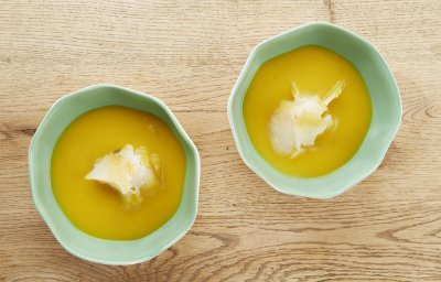 Soupe de butternut-carottes et flétan fumé