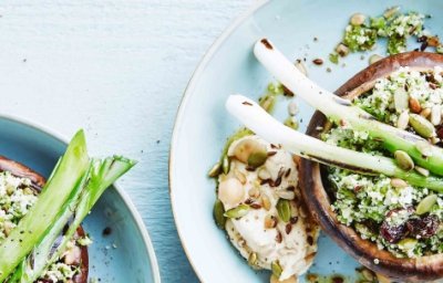 Portobello gevuld met broccoli en bloemkoolrijst