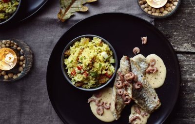 Grondin rouge au couscous meridional et bisque de crevettes