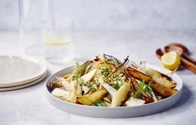 Salade de poire au fenouil, bleu et grains de blé