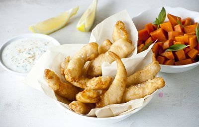 Tempura d’aiglefin aux patates douces et yaourt