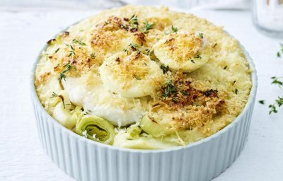 Gratin d’aiglefin, œufs durs et purée de poireaux